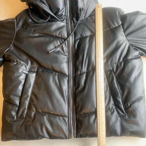 ZARA Faux Leather Puffer Jacket Black Hooded Zip Front Women’s Small - Picture 12 of 13